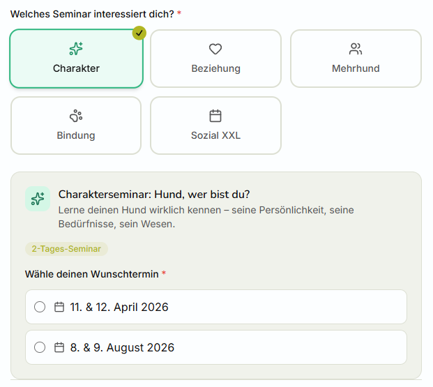 Seminarfilter mit Kategorie-Kacheln und Terminauswahl – Hundeseminare nach Charakter, Beziehung und Bindung filtern
